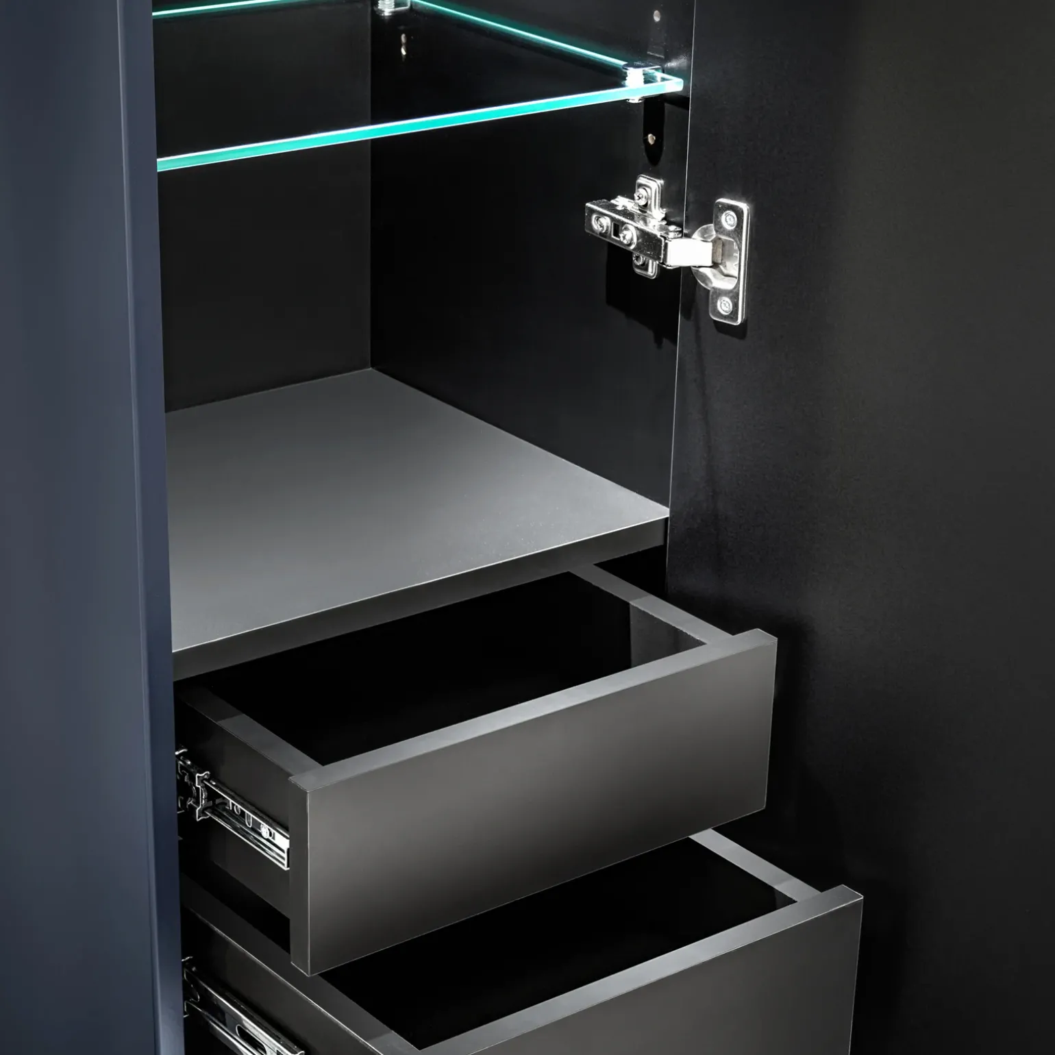 Mobile bagno sospeso 60cm con lavabo, specchio rotondo e colonna cannettato blu Deep