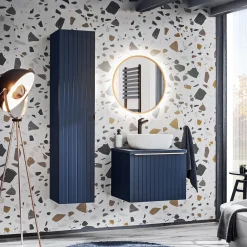 Mobile bagno sospeso 60cm con lavabo, specchio rotondo e colonna cannettato blu Deep