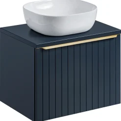 Mobile bagno sospeso 60cm con lavabo, specchio rotondo e colonna cannettato blu Deep