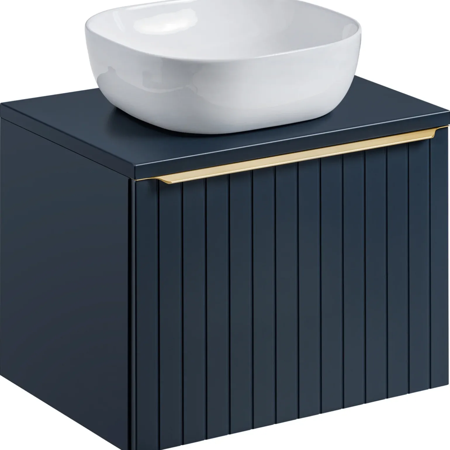 Mobile bagno sospeso 60cm con lavabo, specchio rotondo e colonna cannettato blu Deep