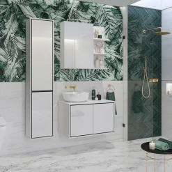 Mobile bagno sospeso 78cm con specchio e colonna bianco lucido nero Linda