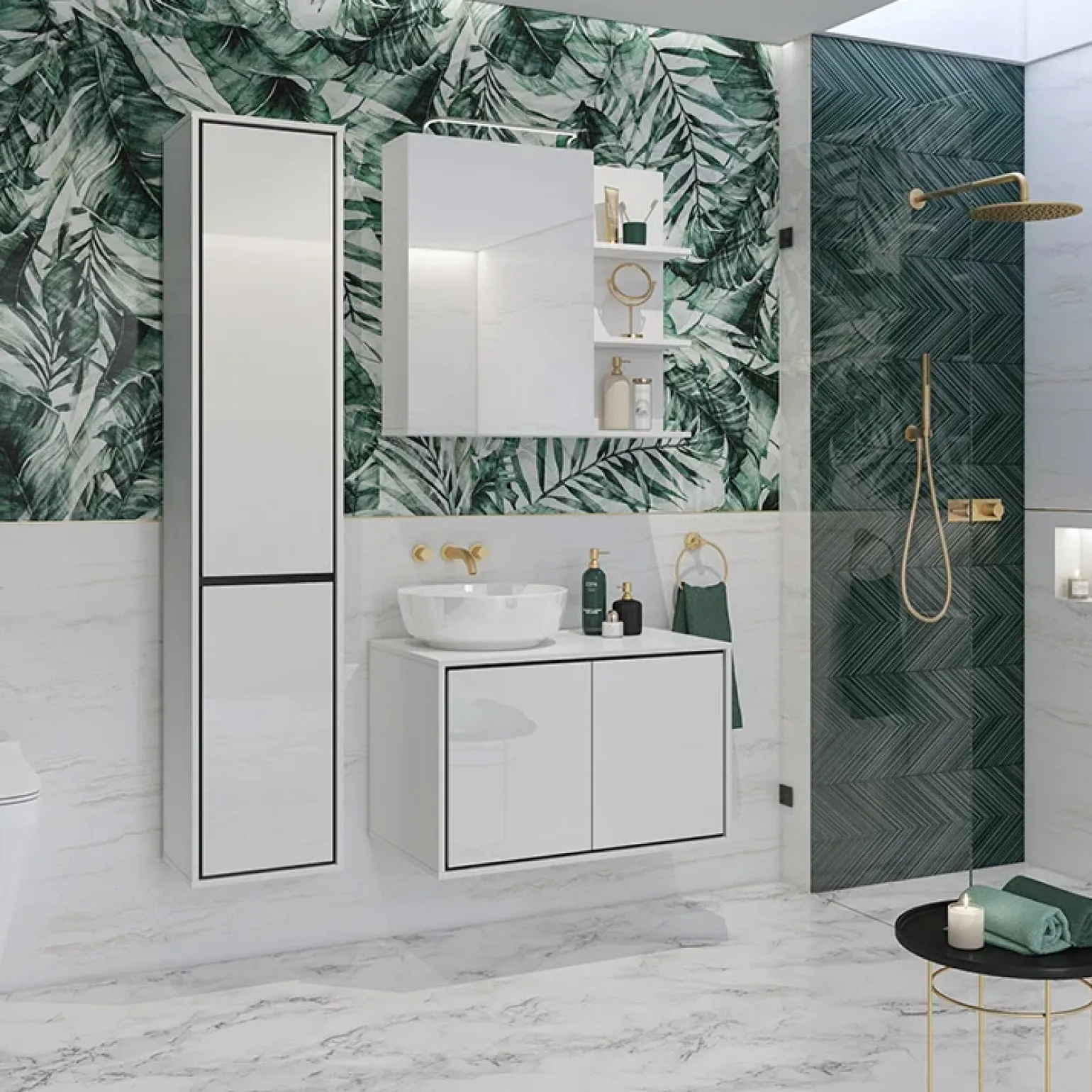 Mobile bagno sospeso 78cm con specchio e colonna bianco lucido nero Linda