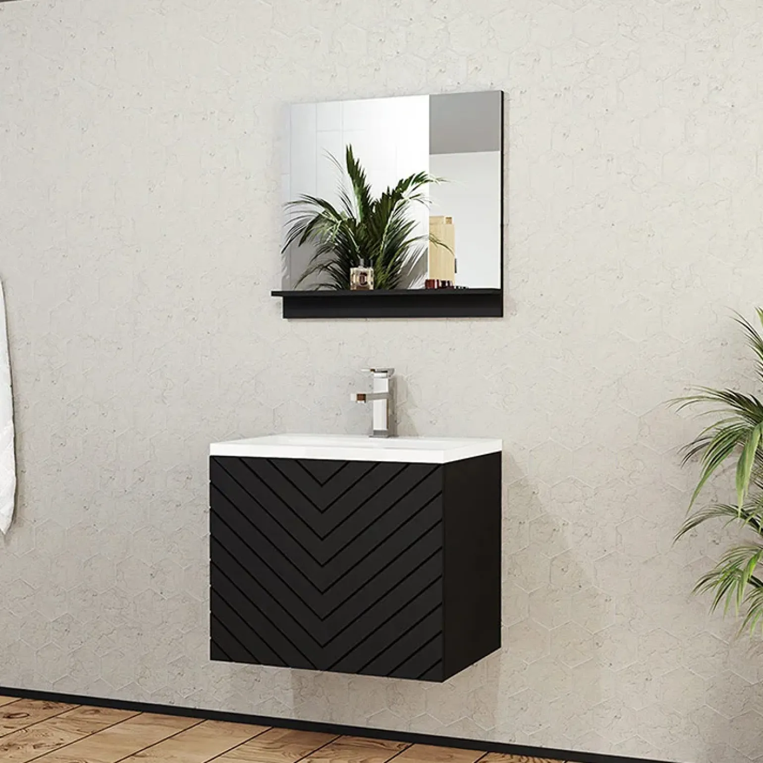 Mobile bagno sospeso 60cm con lavabo e specchio serigrafato nero Baden 10
