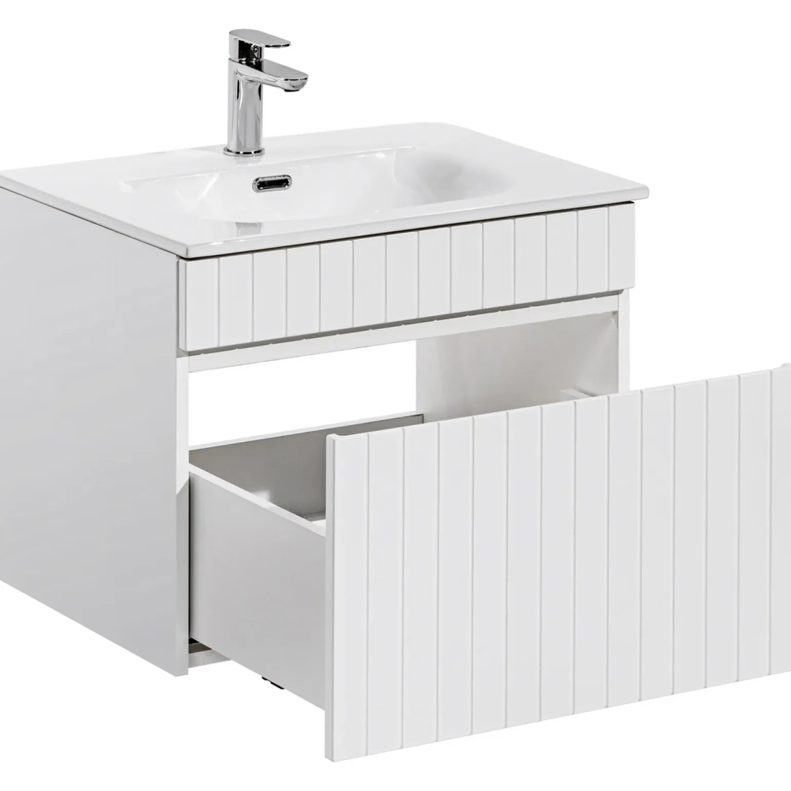 Mobile bagno sospeso 60cm cannettato con lavabo da incasso, colonna e specchio bianco Autentic