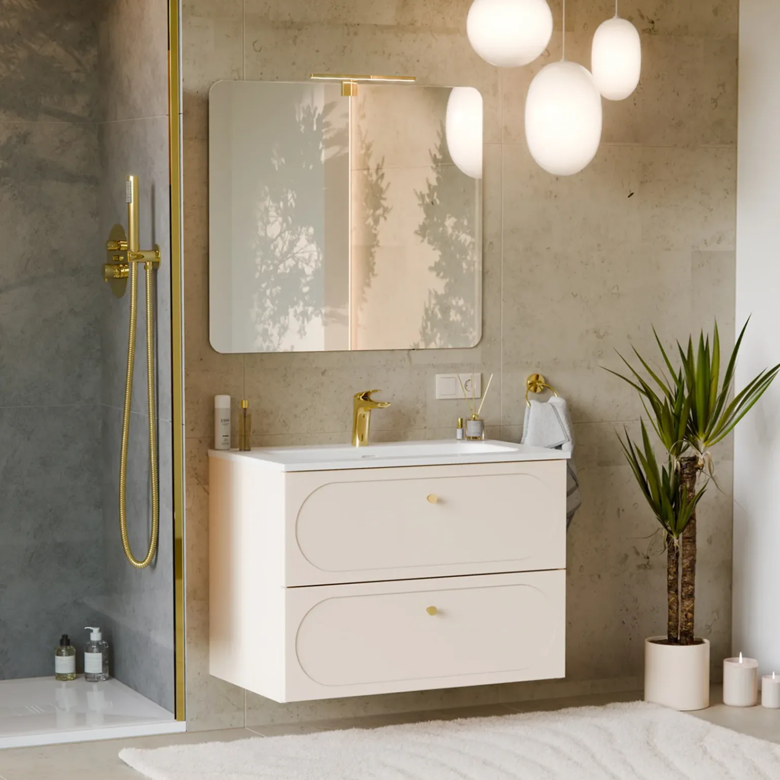 Mobile bagno sospeso fresato 80cm con lavabo 2 cassetti beige Sand