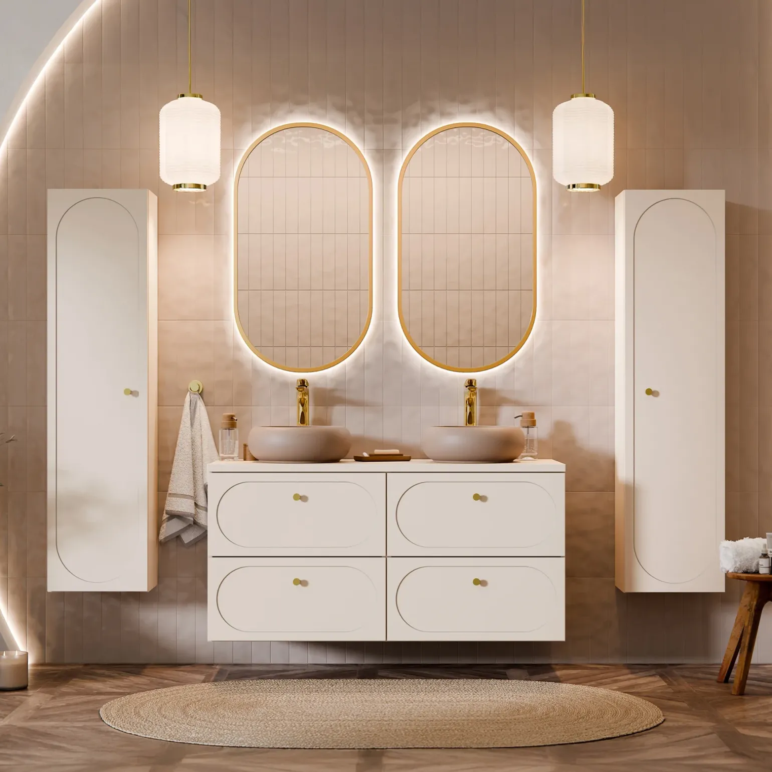 Mobile bagno sospeso fresato 120cm con colonna beige Sand
