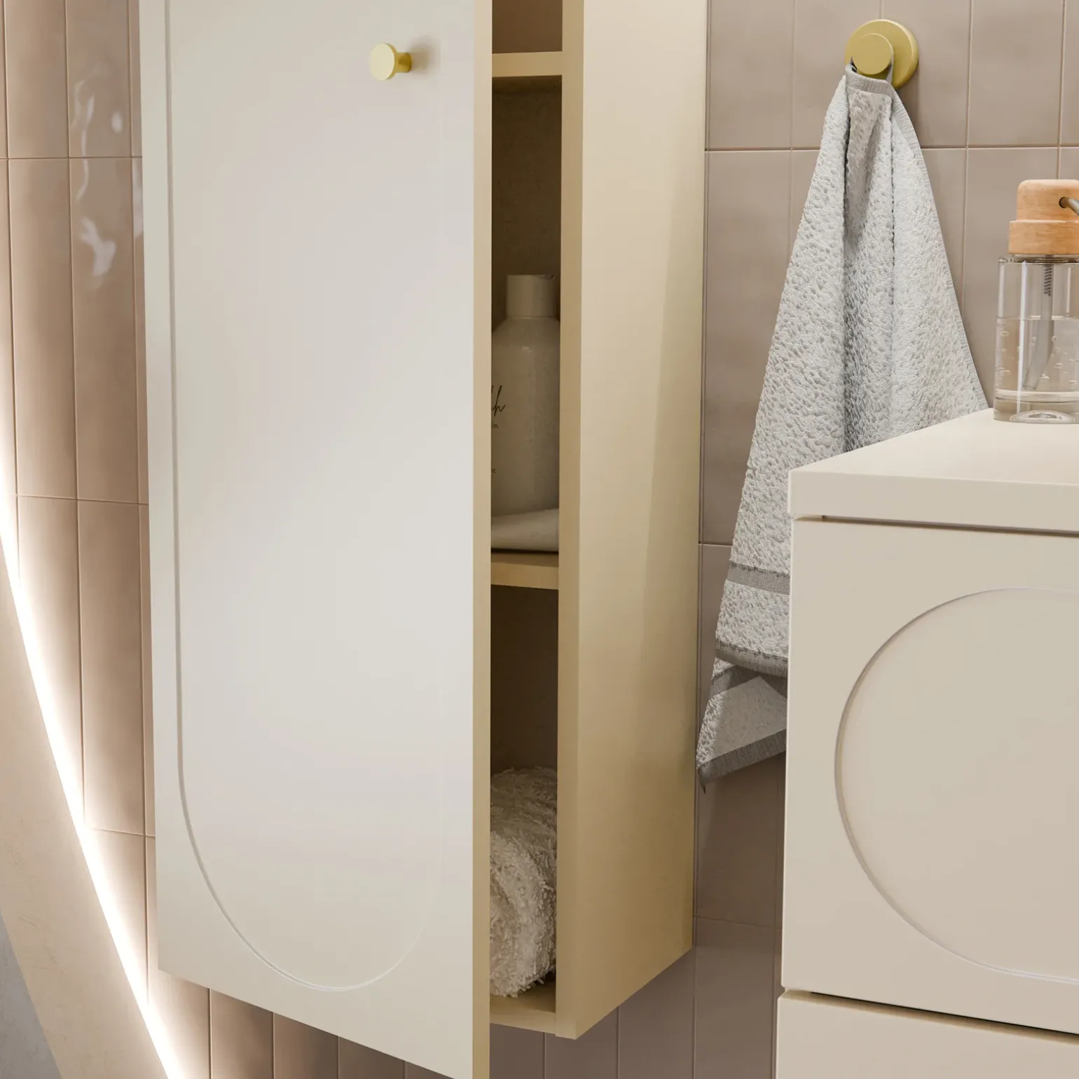 Mobile bagno sospeso fresato 120cm con colonna beige Sand
