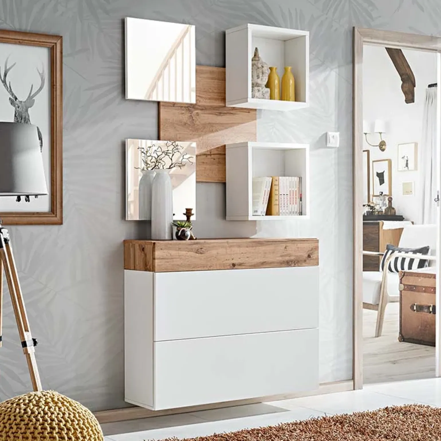Mobile ingresso sospeso 100x180h cm bianco opaco rovere Dante 5 Gihome®