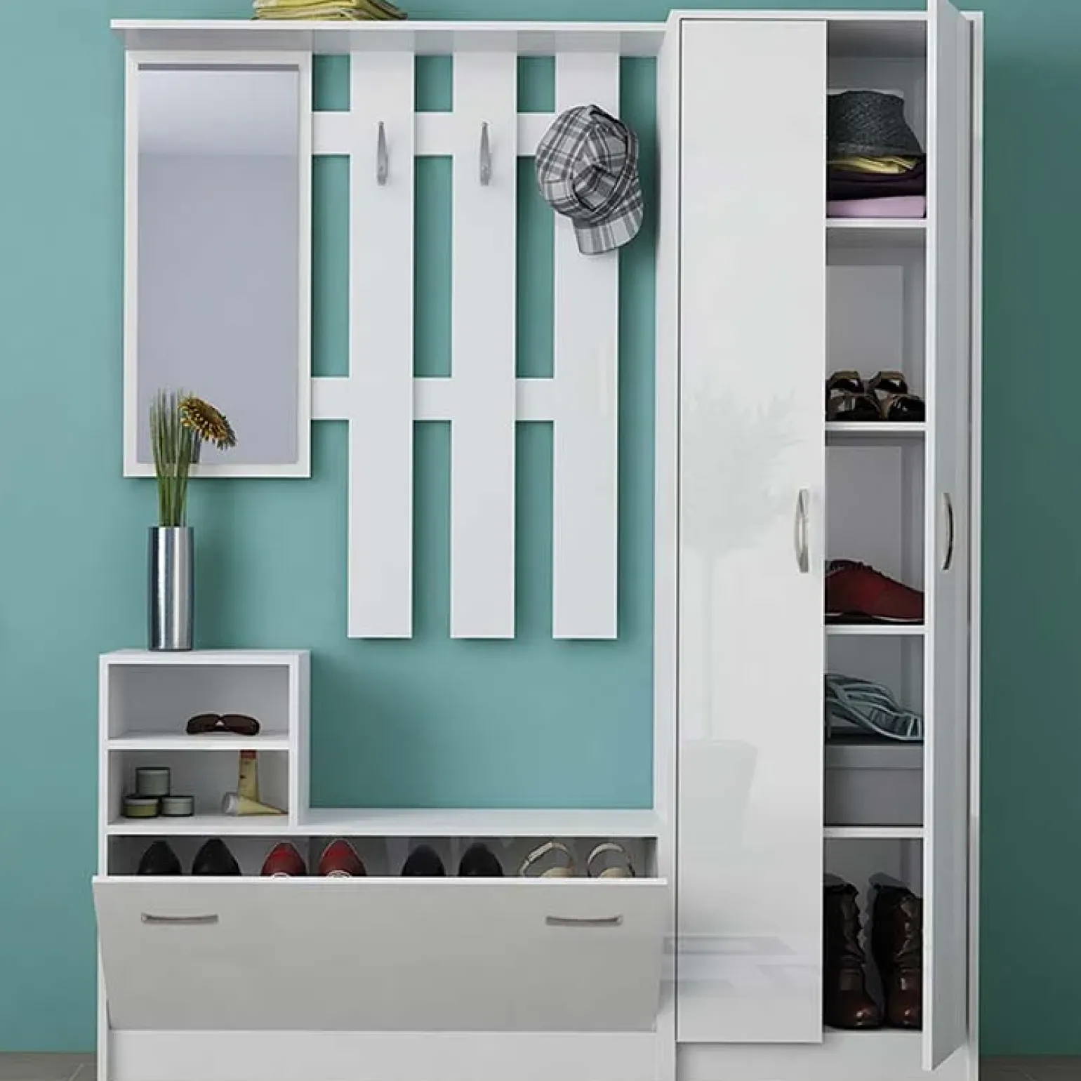 Mobile ingresso 155x190h cm appendiabiti scarpiera con specchio bianco lucido Atlanta