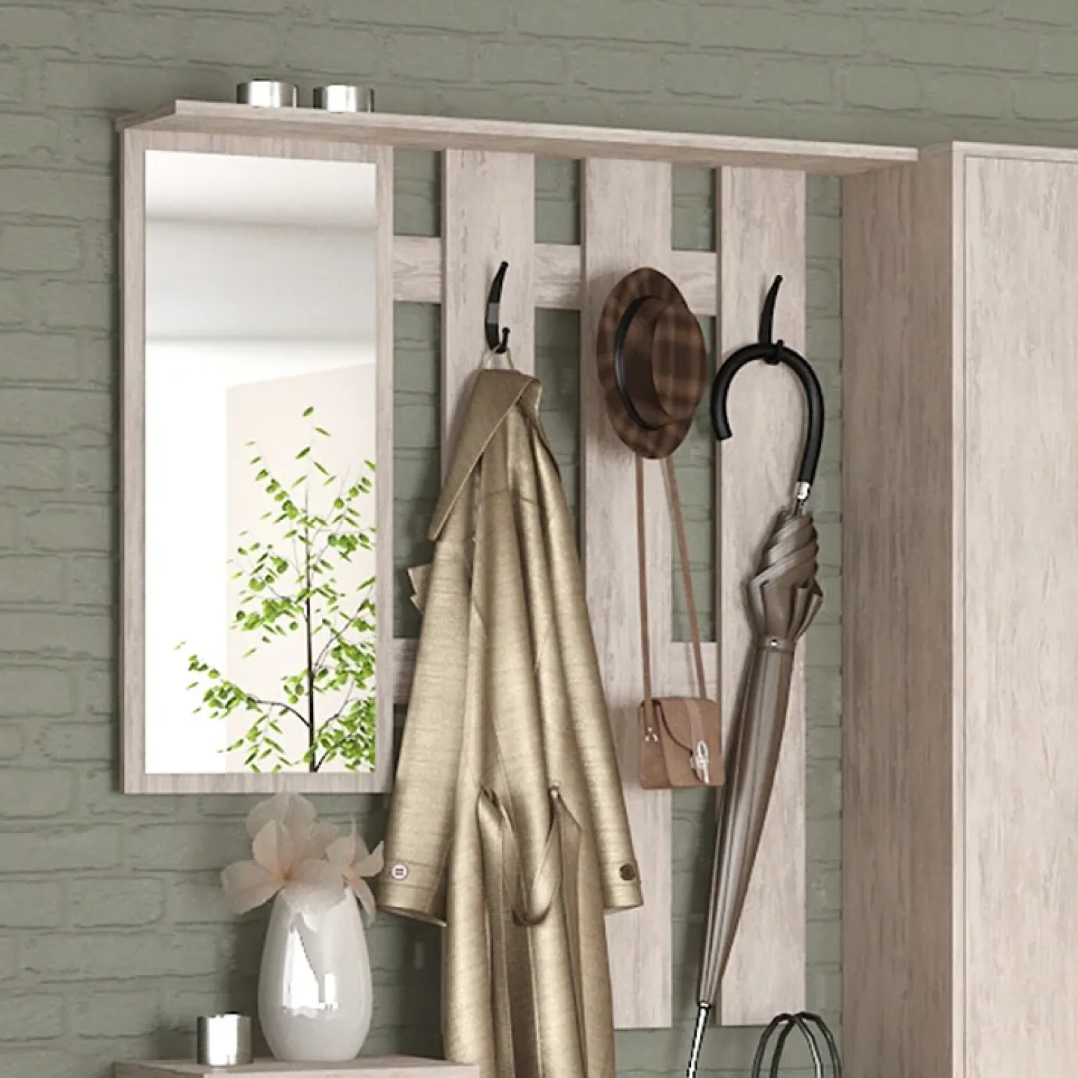 Mobile ingresso 155x190h cm appendiabiti scarpiera con specchio bianco frassinato Atlanta