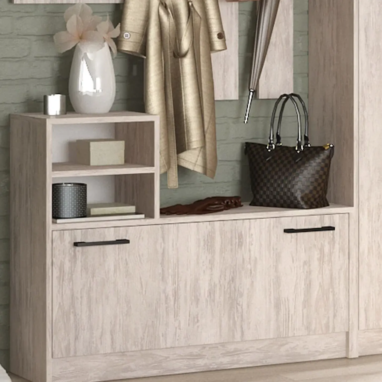 Mobile ingresso 155x190h cm appendiabiti scarpiera con specchio bianco frassinato Atlanta