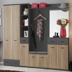 Mobile ingresso 210x203h cm con specchio rovere antracite stampa a righe California Gihome®