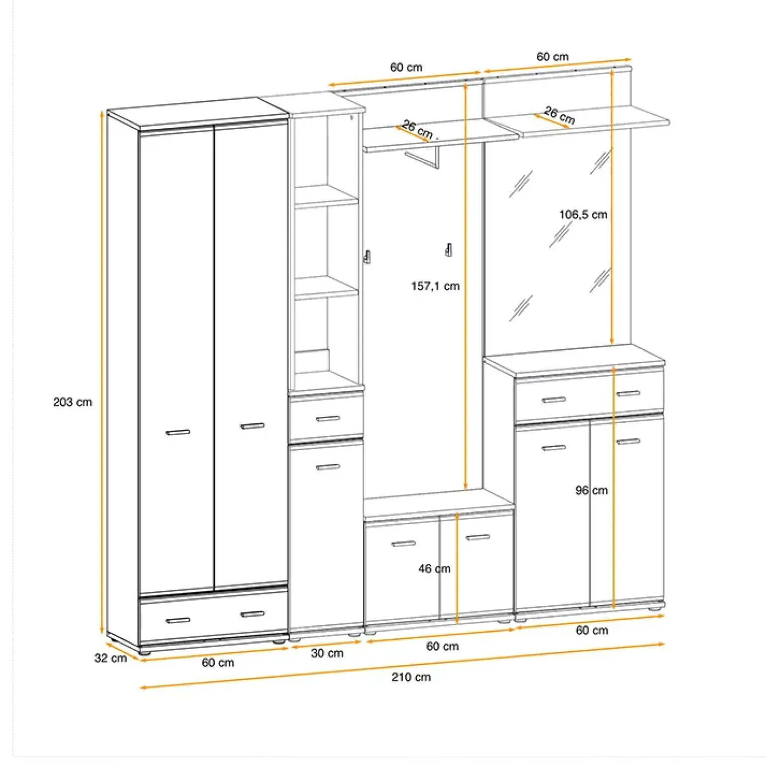 Mobile ingresso 210x203h cm con specchio rovere antracite stampa a righe California Gihome®