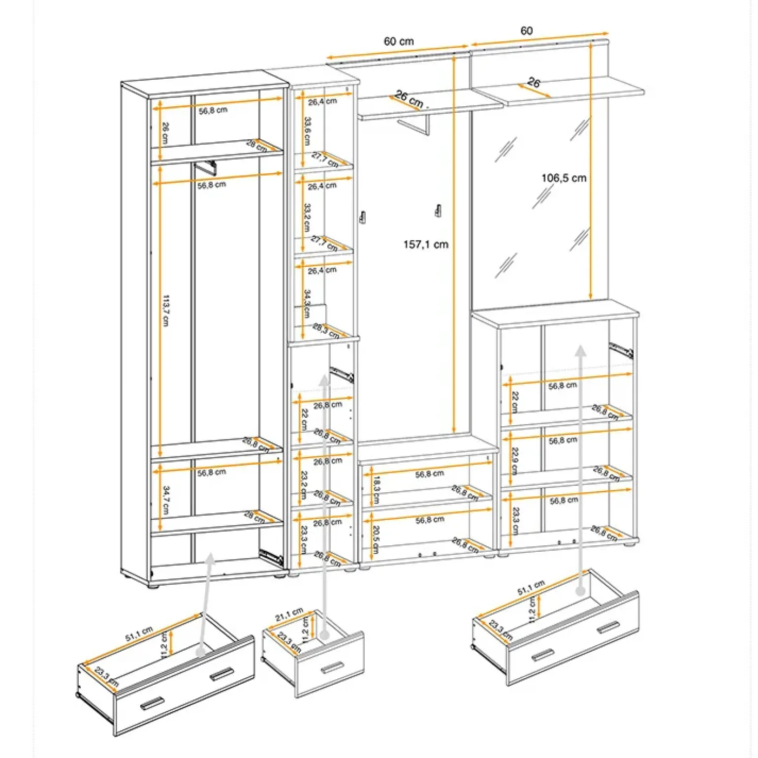Mobile ingresso 210x203h cm con specchio rovere antracite stampa a righe California Gihome®