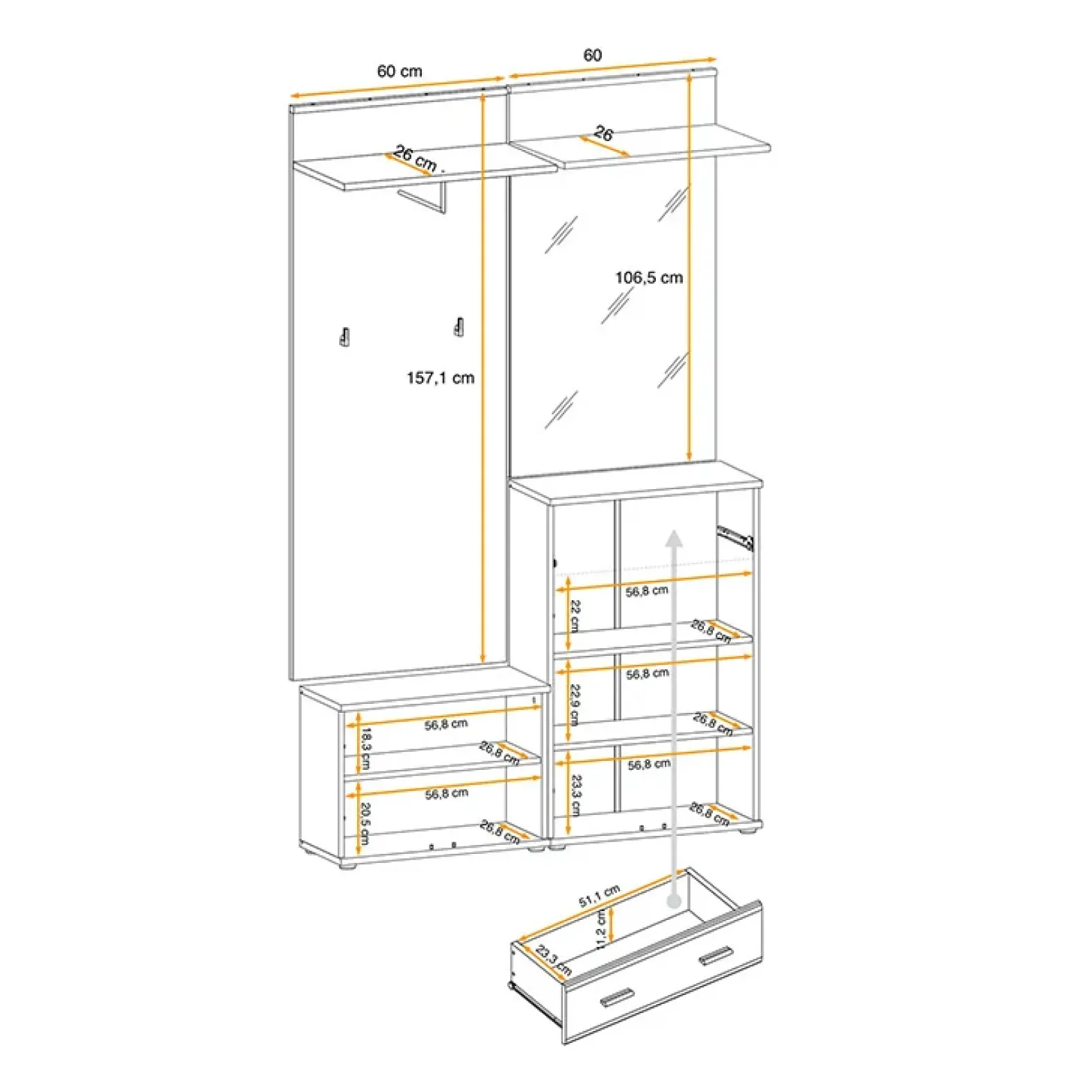 Mobile ingresso 120x203h cm con specchio rovere antracite stampa a righe San Francisco Gihome®