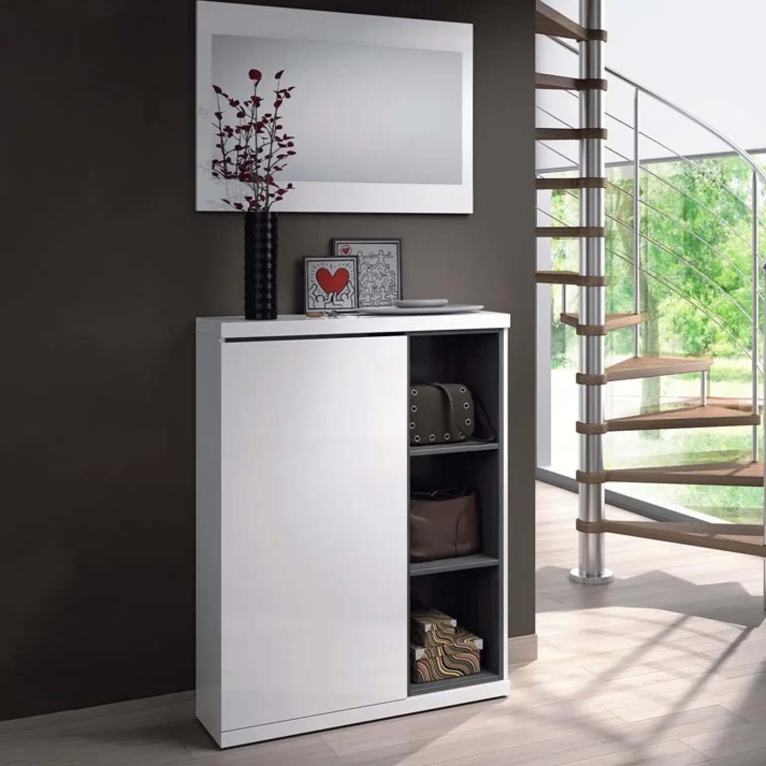 Mobile ingresso 79x108h cm con specchio bianco lucido grigio Alf