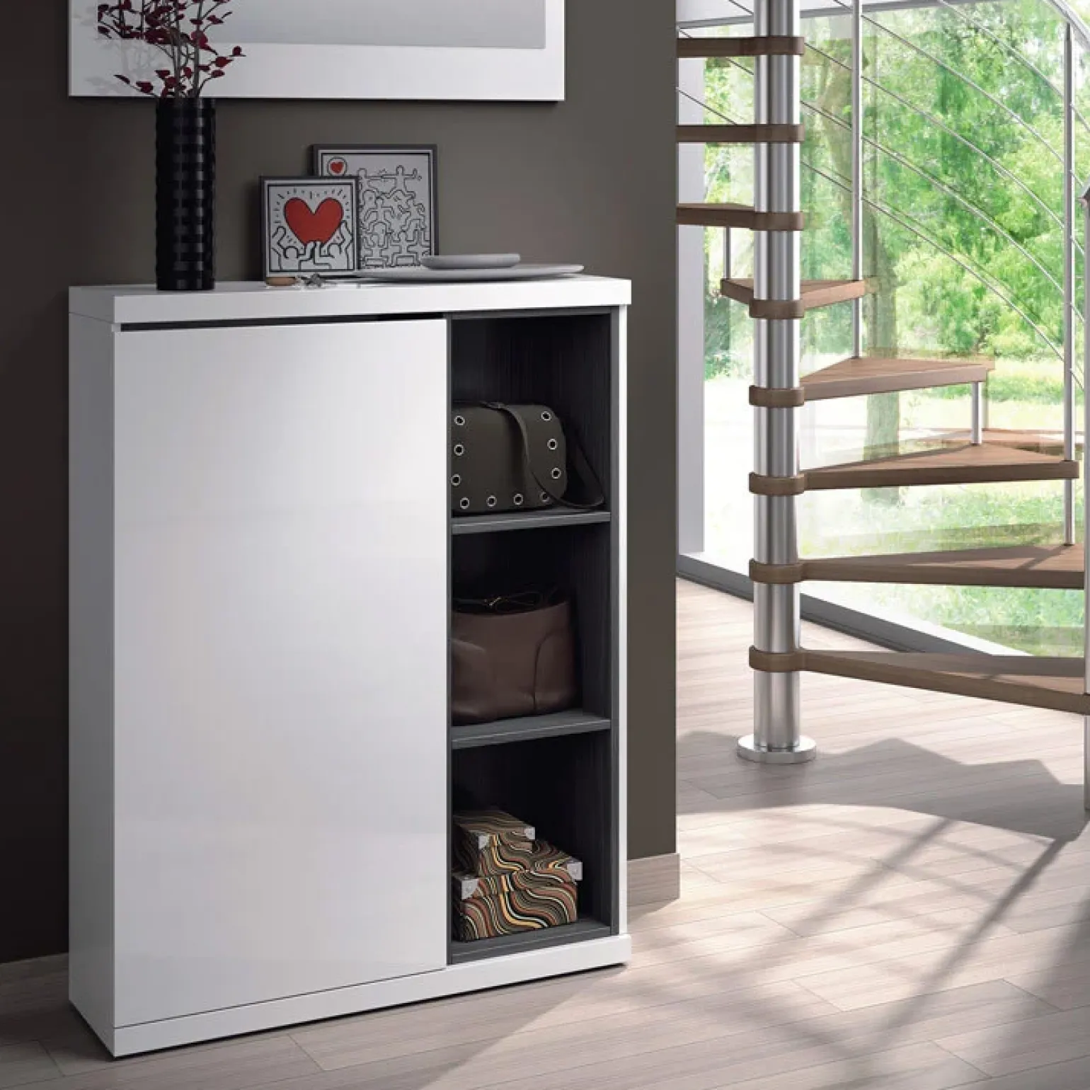 Mobile ingresso 79x108h cm con specchio bianco lucido grigio Alf