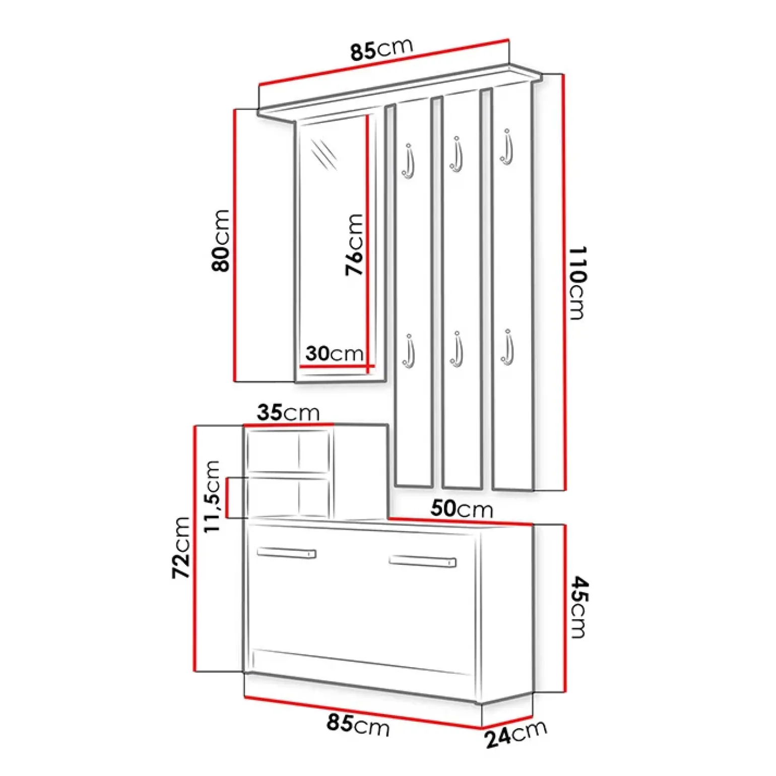 Mobile ingresso 85x180h cm con specchio scarpiera bianco Bergen