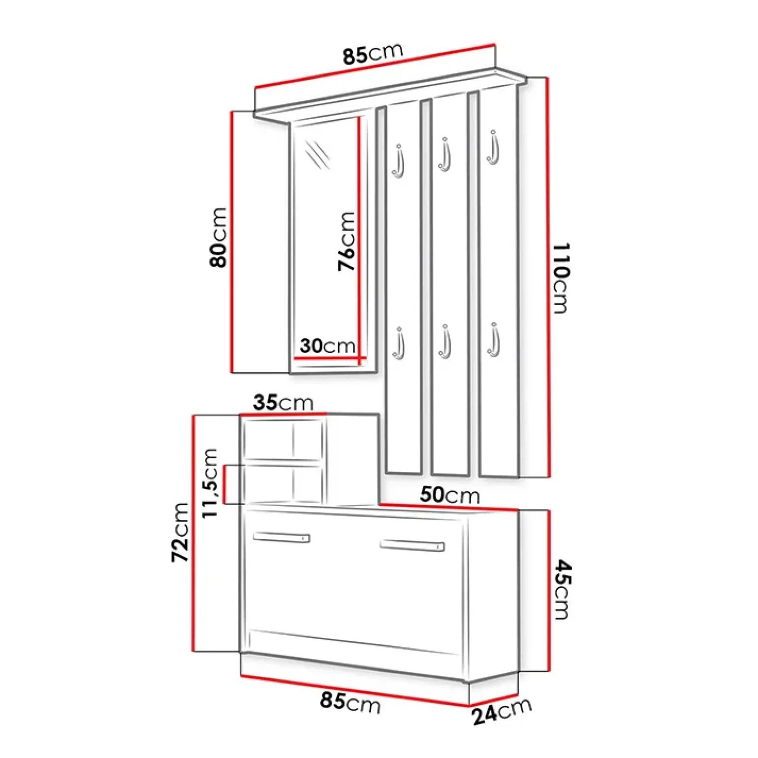 Mobile ingresso 85x180h cm con specchio scarpiera rovere Bergen