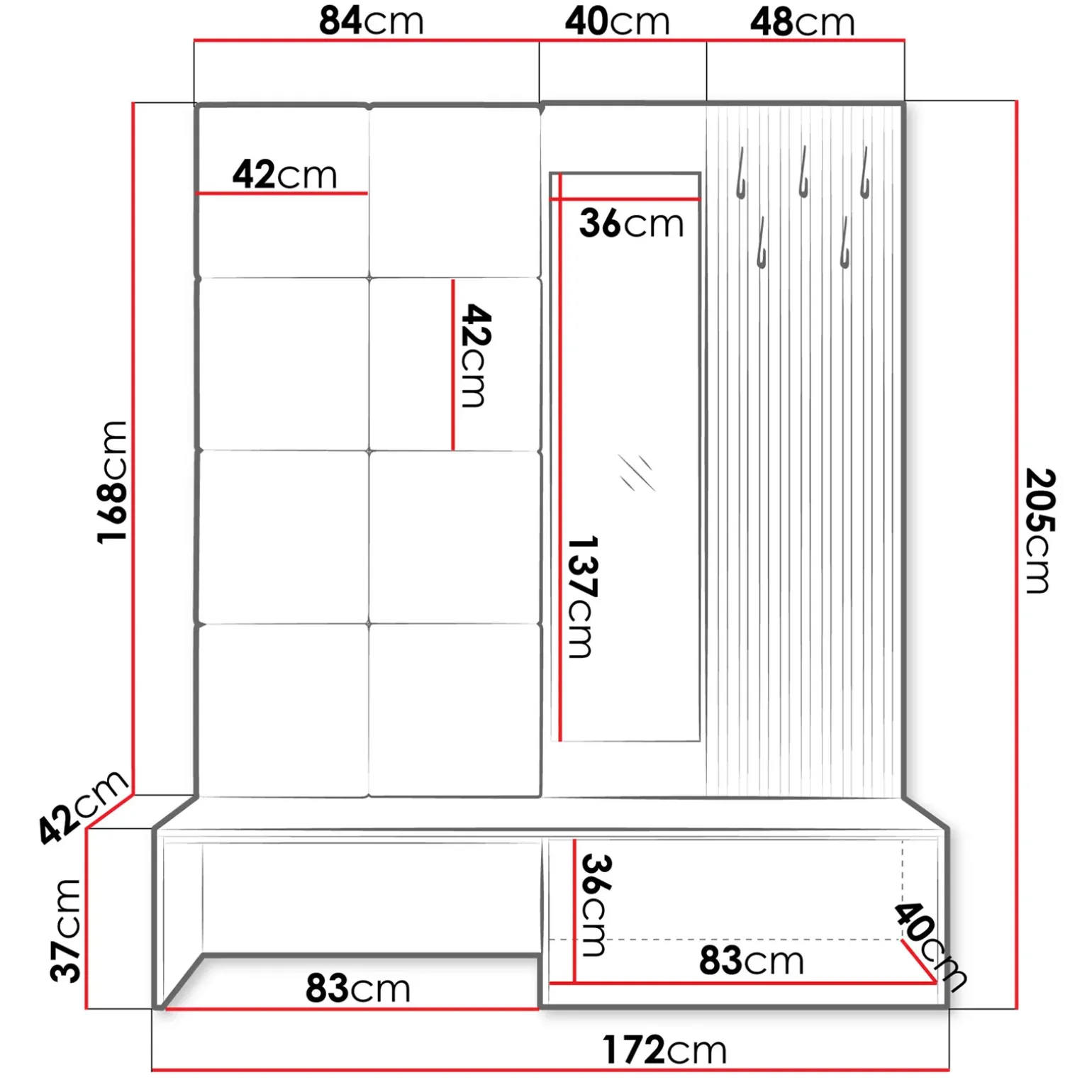 Mobile ingresso 172x205h cm con scarpiera e specchio rovere rustico bianco Welly 3