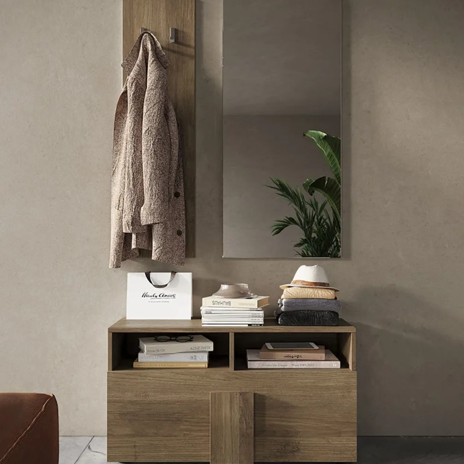 Mobile ingresso 91x174h cm con scarpiera e specchio moderno rovere scuro Alvarez