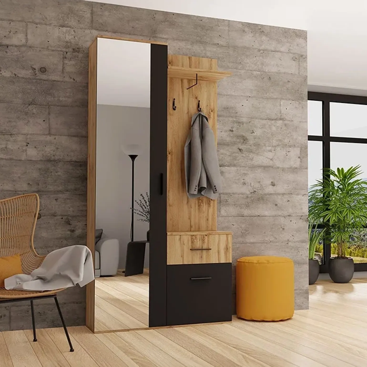 Mobile ingresso 97x195h cm con specchio 1 cassetto 2 ante rovere nero Assen