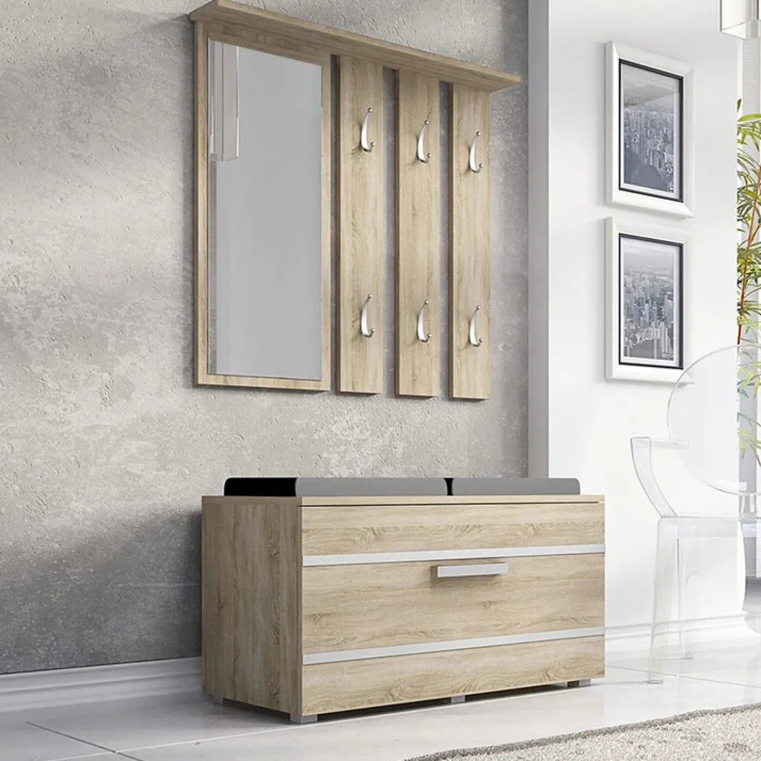 Mobile ingresso 85x137h cm con specchio rovere grigio Anibal