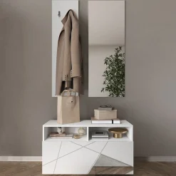 Mobile ingresso 91x189h cm design moderno bianco lucido specchio Olimpo