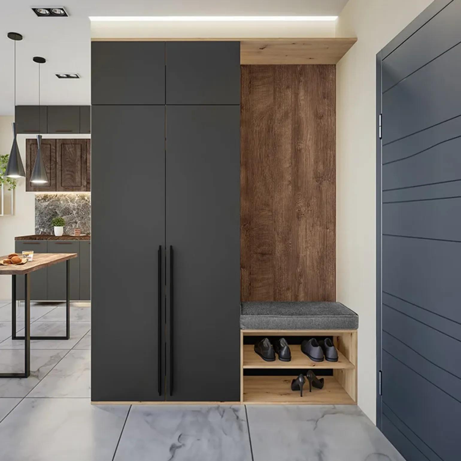 Mobile ingresso 160x221h cm nero opaco rovere scuro Acerbo