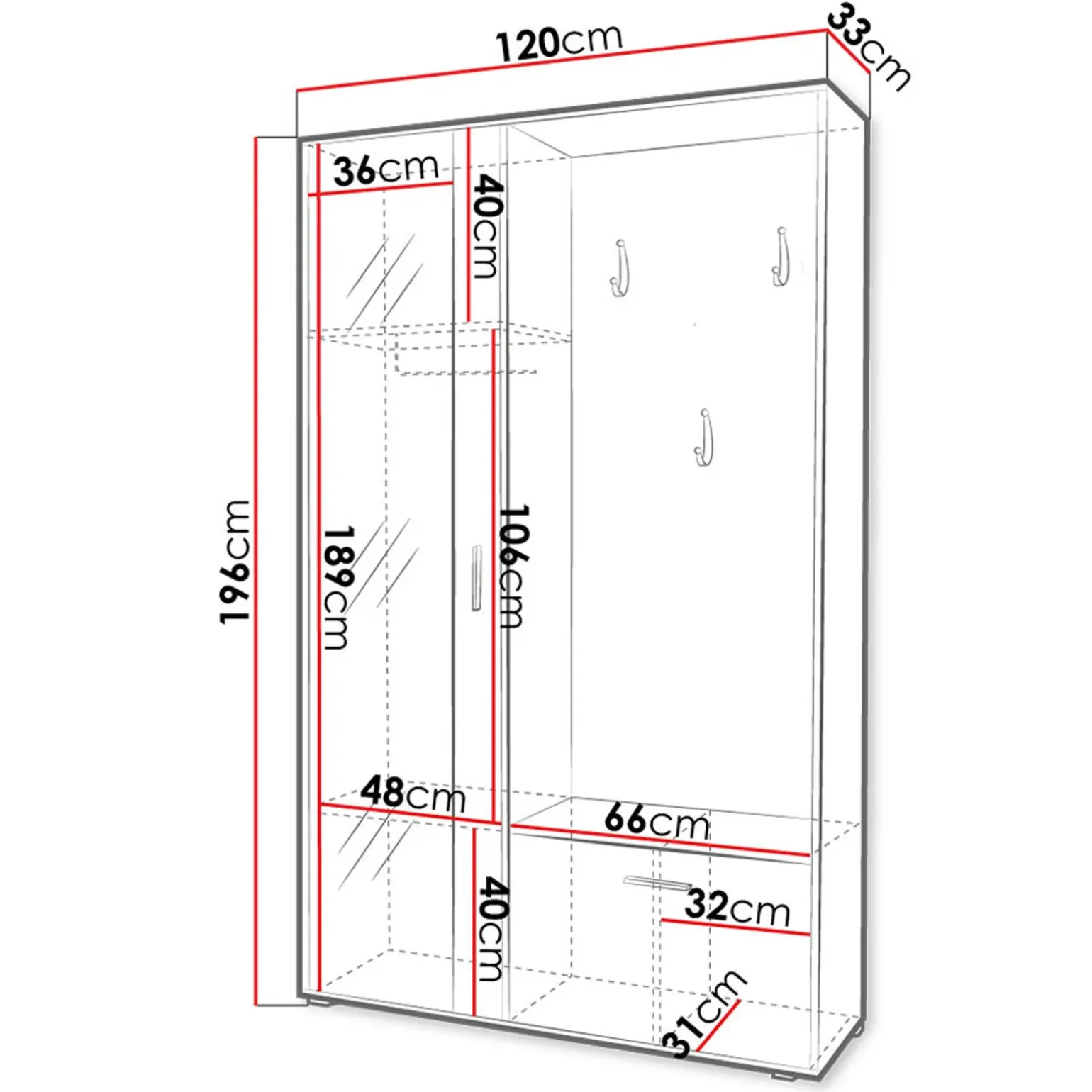 Mobile ingresso 120x196h cm reversibile con specchio bianco Elios