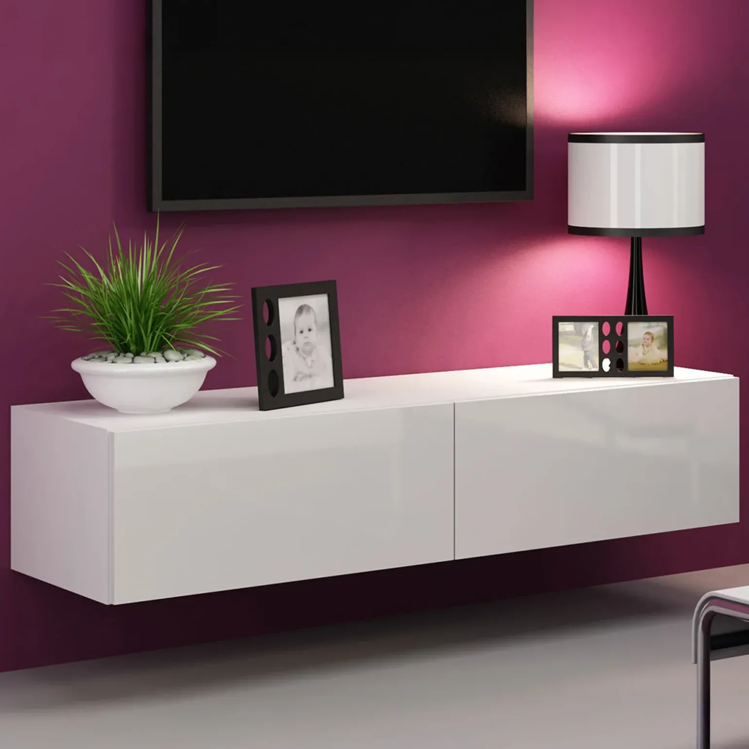 Mobile porta tv sospeso 140x30h cm 2 ante moderno bianco lucido Teodora