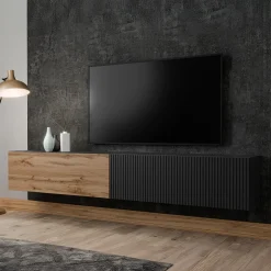 Mobile porta TV sospeso 200x31h cm 2 ante a ribalta nero opaco rovere wotan Mirel
