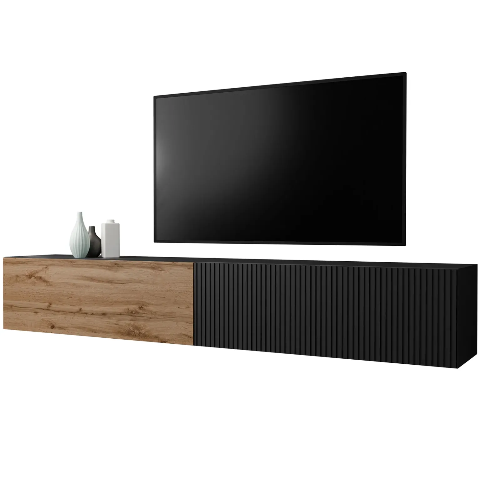 Mobile porta TV sospeso 200x31h cm 2 ante a ribalta nero opaco rovere wotan Mirel