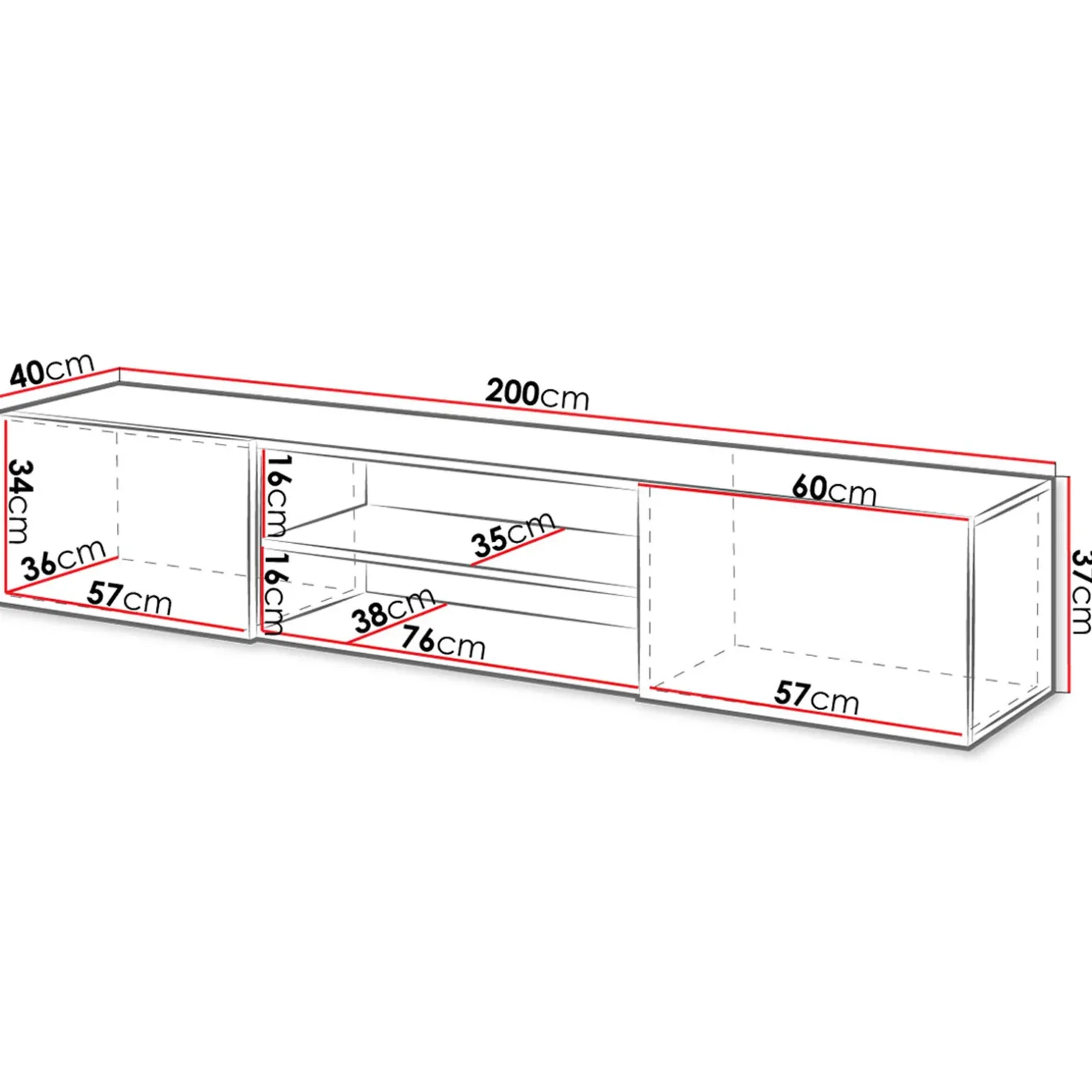 Mobile porta tv sospeso 200x37h cm 2 ante 2 vani a giorno bianco lucido Southampton