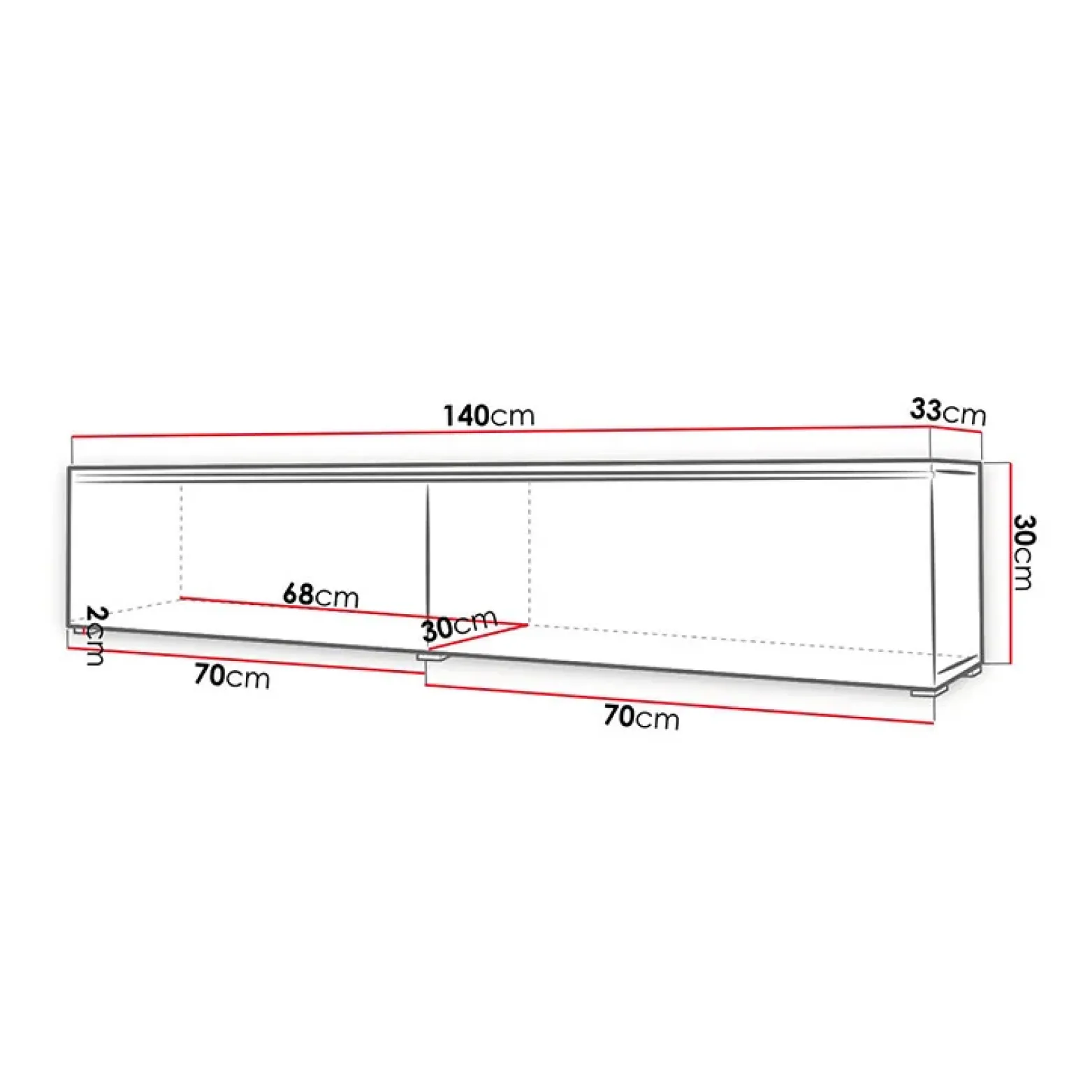 Mobile porta TV sospeso 140x30h cm 2 ante design rovere bianco lucido Silvia