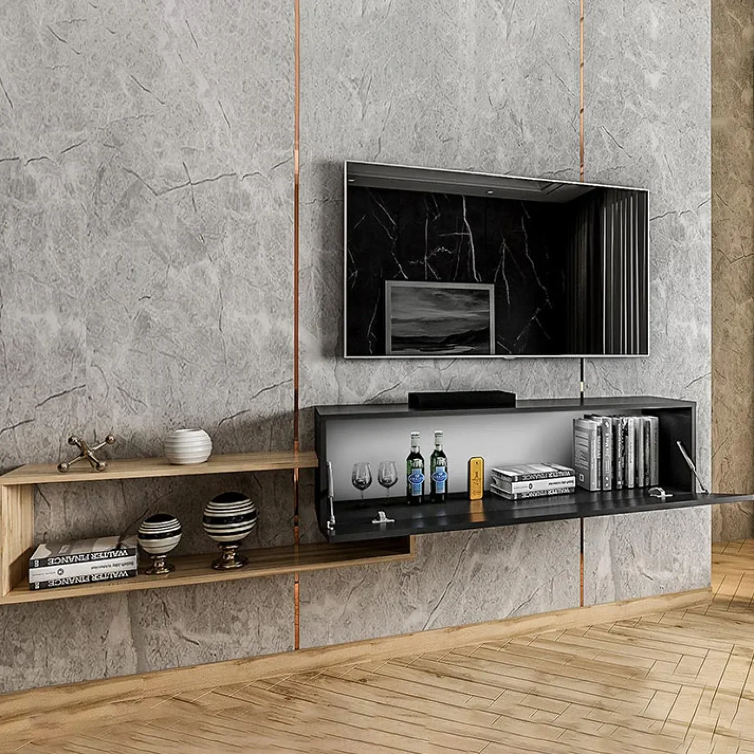 Mobile porta TV sospeso 210x48h cm moderno rovere nero Brigida