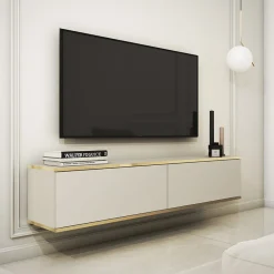 Mobile porta TV sospeso 135x30h cm 2 ante moderno beige oro Linus