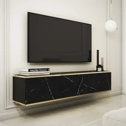 Mobile porta TV sospeso 135x30h cm 2 ante moderno effetto marmo nero oro Linus
