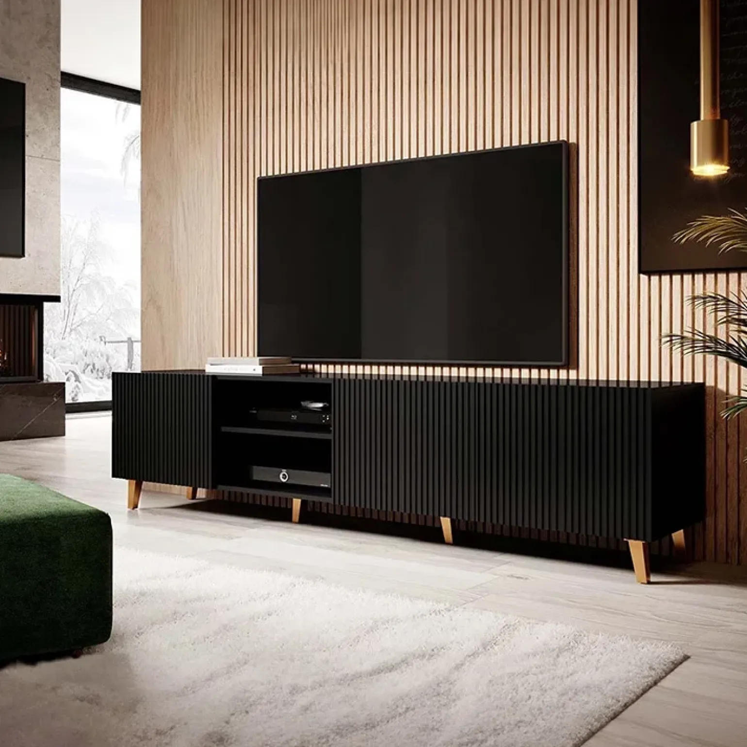 Mobile porta TV 201x52cm 4 ante cannettato nero Essence