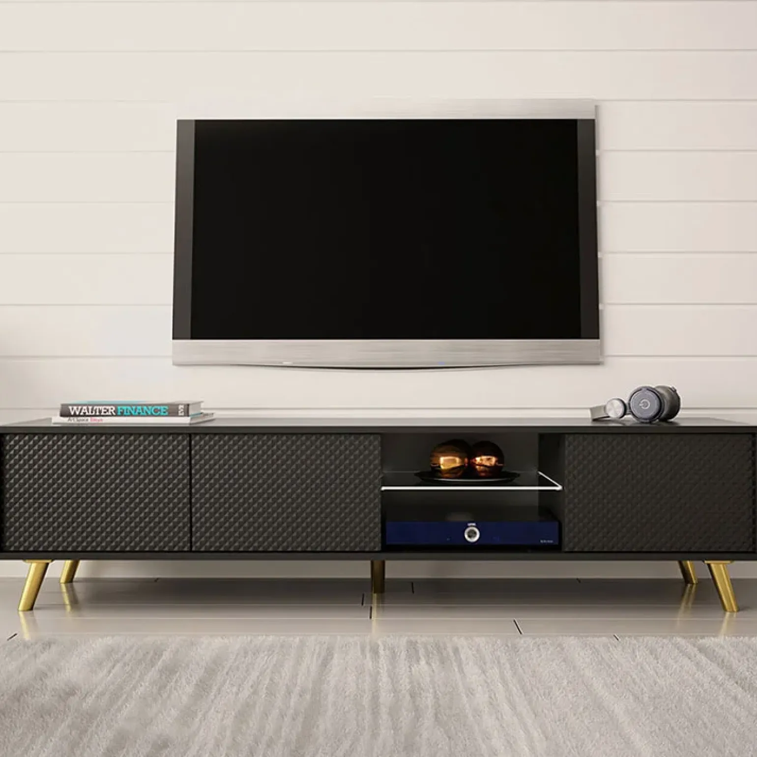 Mobile porta tv 175x42cm 2 vani a giorno 3 ante nero Nyborg