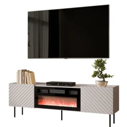 Mobile porta TV 181x59h cm 2 ante con caminetto con frontali decorati beige Daniele
