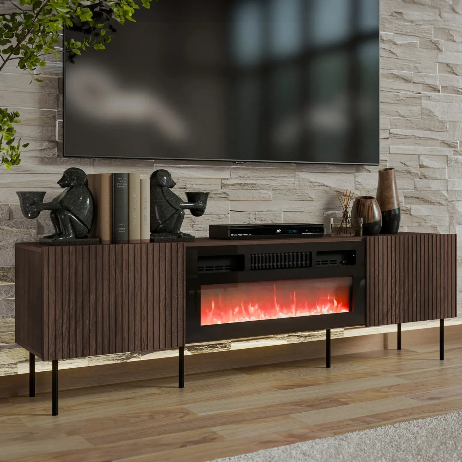 Mobile porta TV 181x58h cm 2 ante con caminetto noce cannettato Gabiot