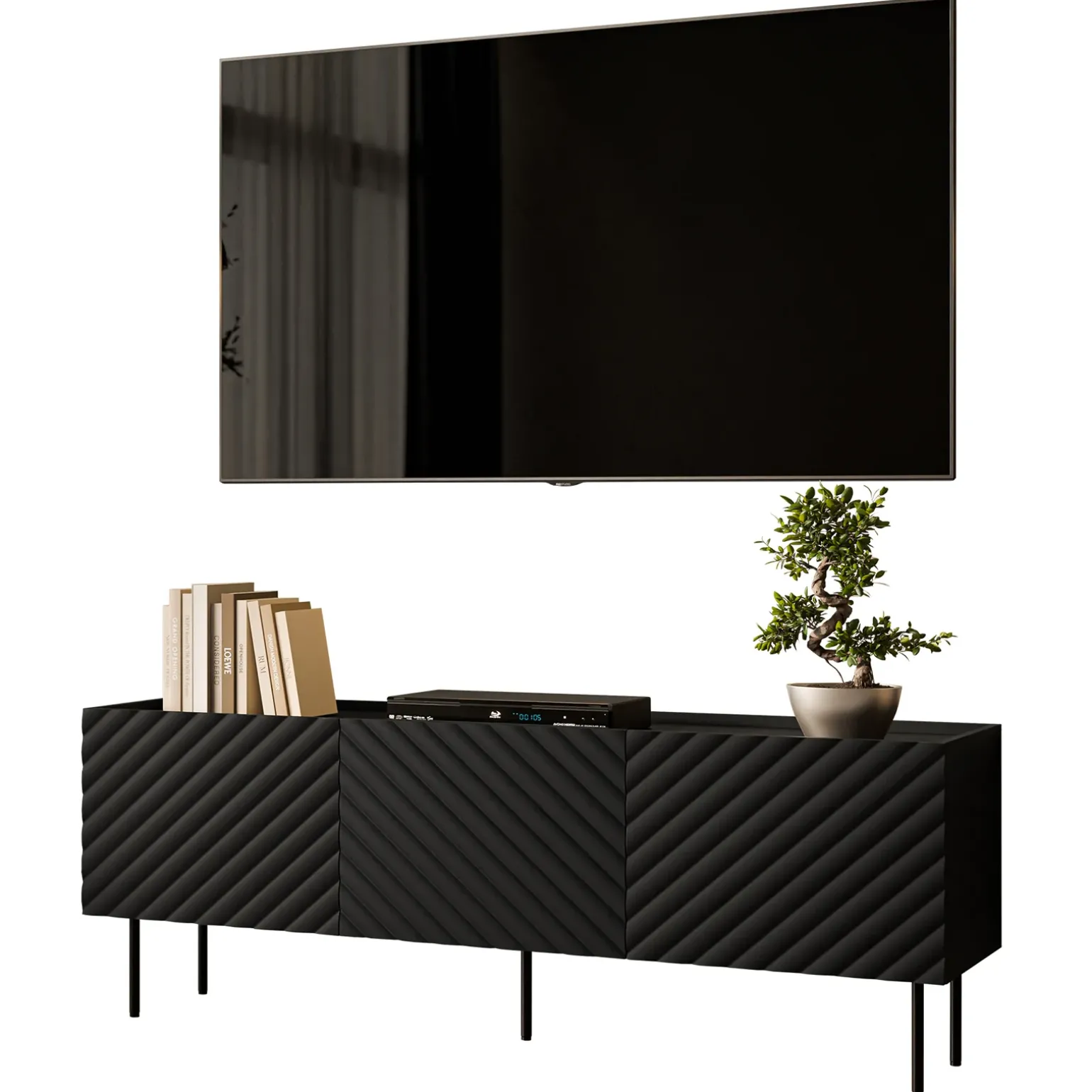 Mobile porta TV 166x59h cm 3 ante con frontali decorati nero Daniele