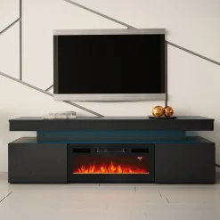Mobile porta TV 190x59h cm 2 ante con caminetto con LED nero Lumus