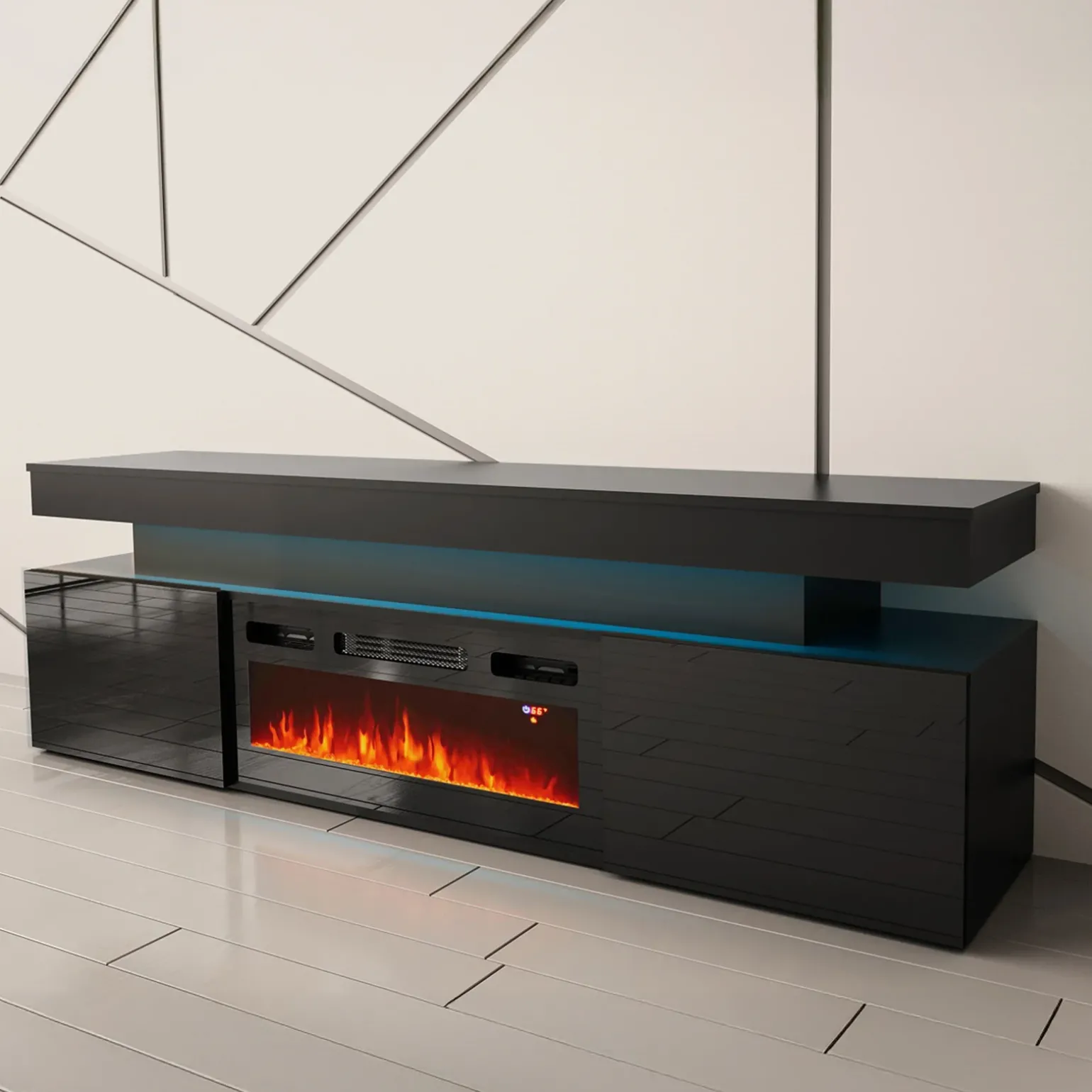 Mobile porta TV 190x59h cm 2 ante con caminetto con LED nero Lumus