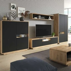 Mobile porta tv 180x45h cm 2 ante 1 cassetto nero opaco rovere Esmond