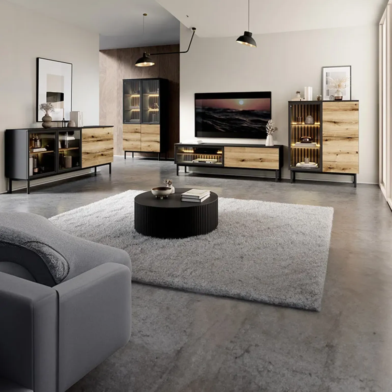 Mobile porta TV 180x55h cm 2 ante con led nero opaco rovere Amel