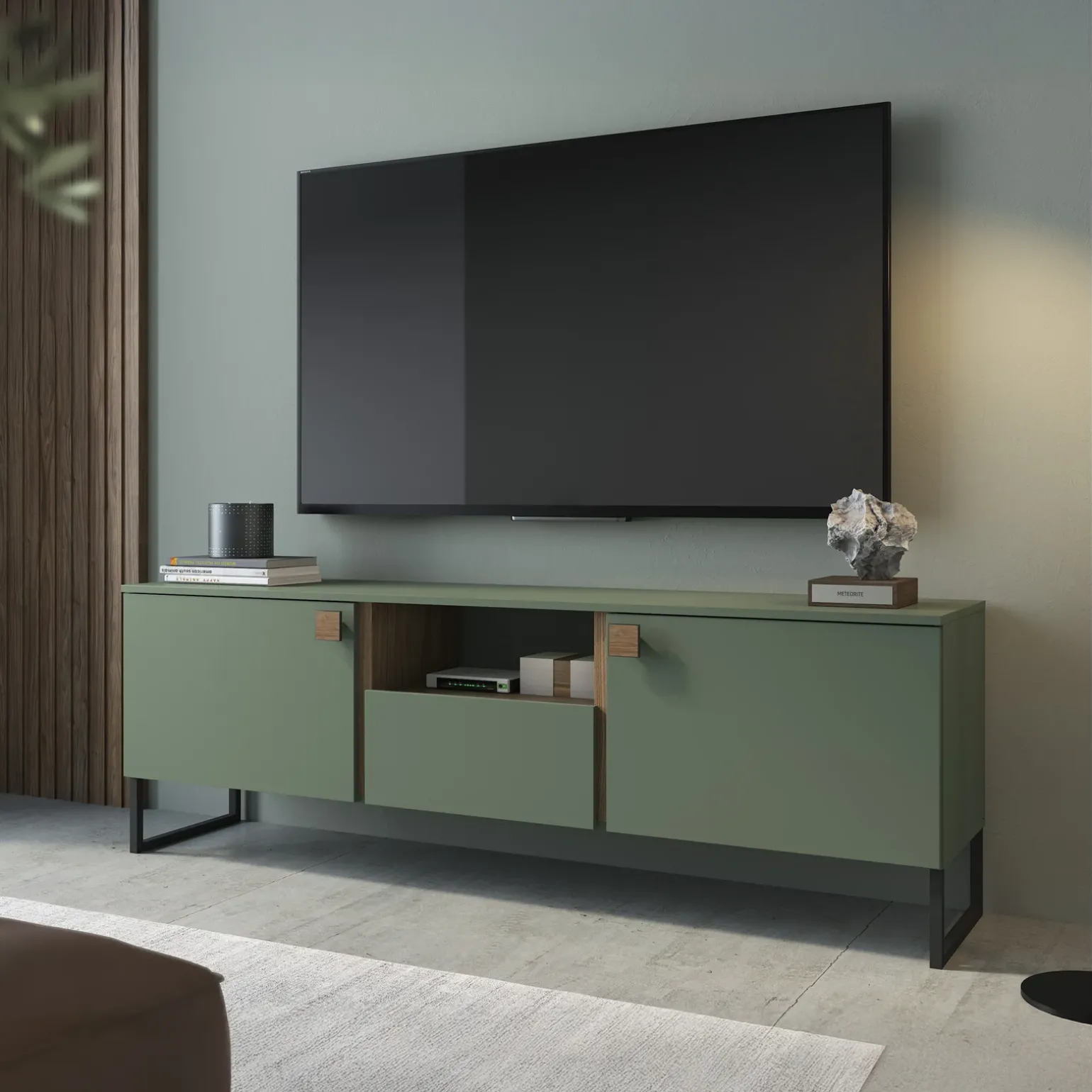 Mobile porta TV 179x60h cm 2 ante 1 cassetto verde salvia scuro rovere Selvia