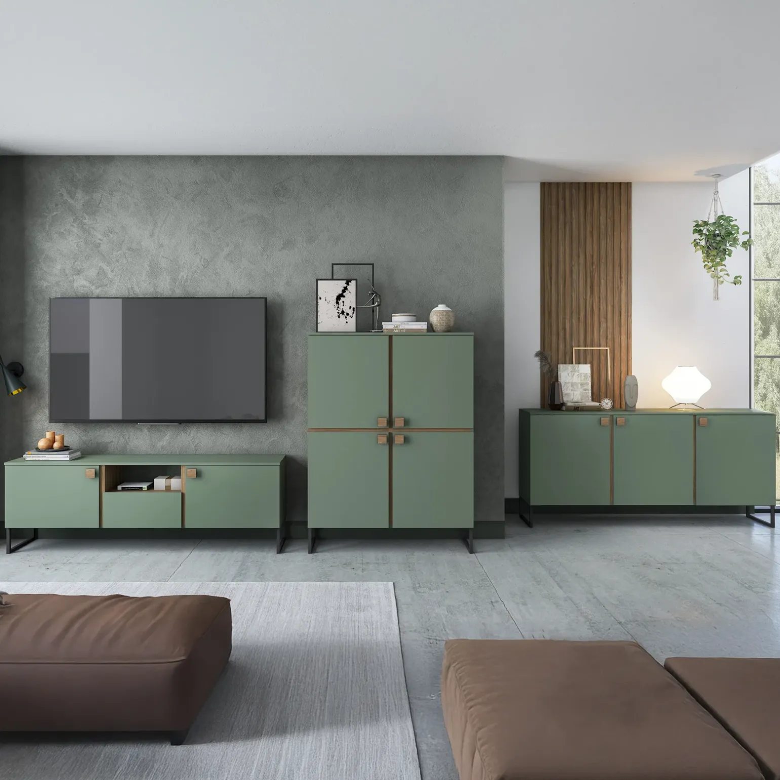 Mobile porta TV 179x60h cm 2 ante 1 cassetto verde salvia scuro rovere Selvia