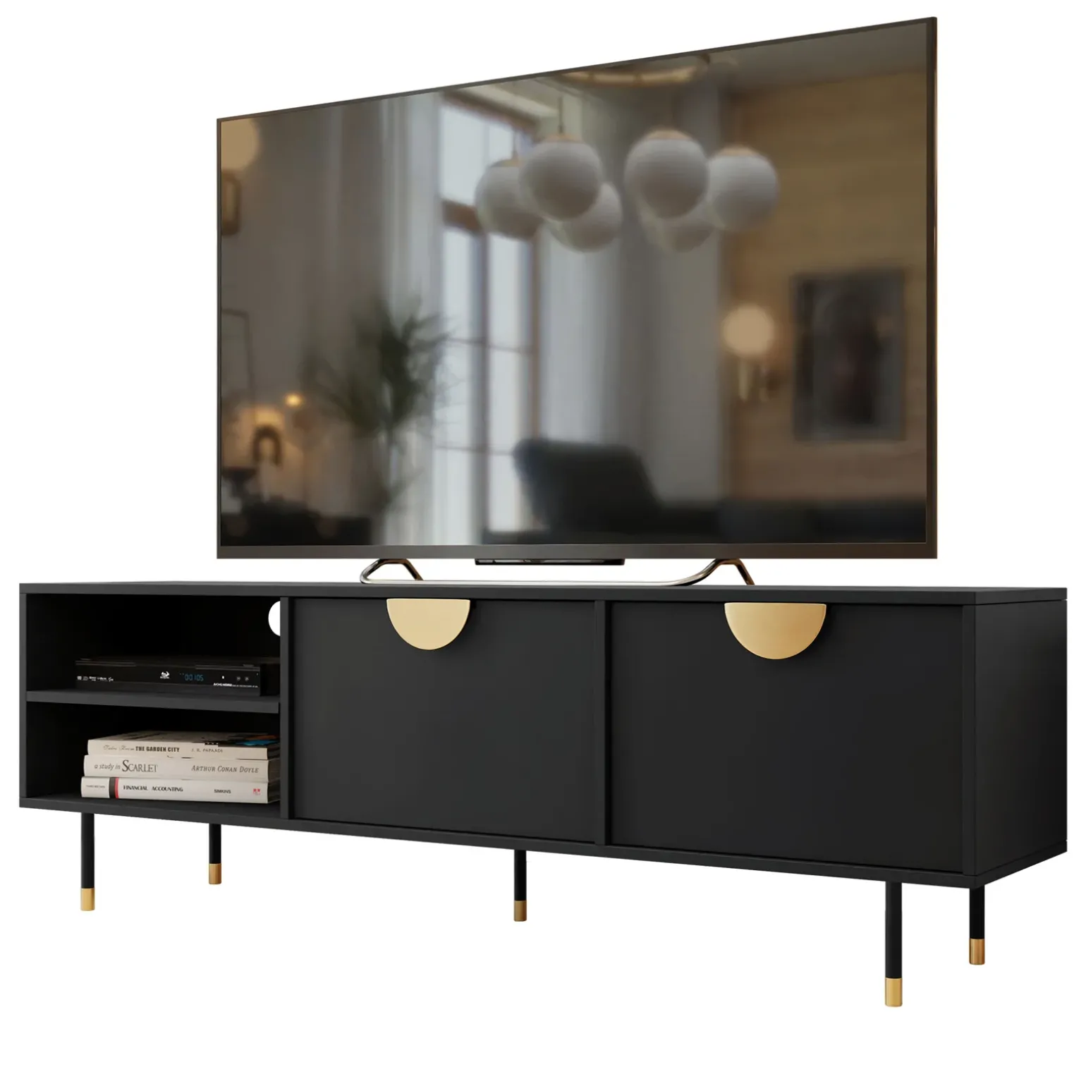 Mobile porta tv 180x58h cm 1 anta 2 vani a giorno nero oro Oriana